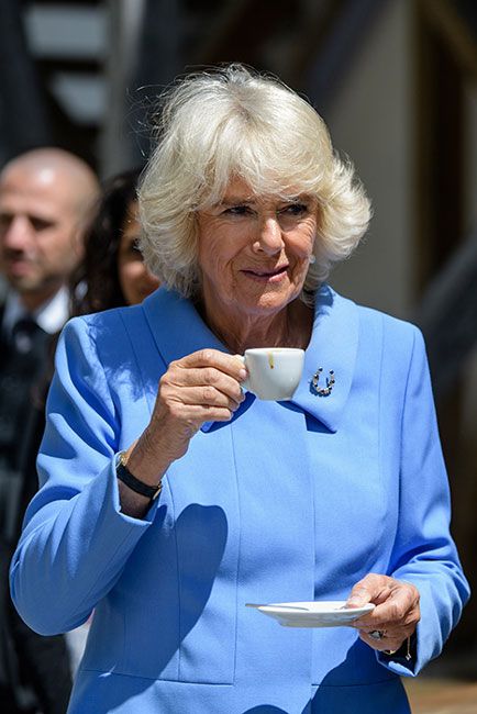 camilla standing in the sunlight wearing a blue coat and raising a teacup