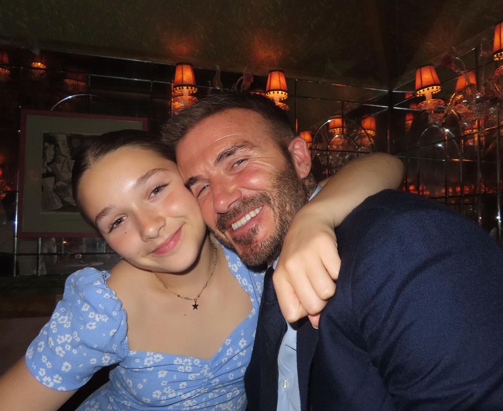 Harper Beckham hugging dad David Beckham during family outing