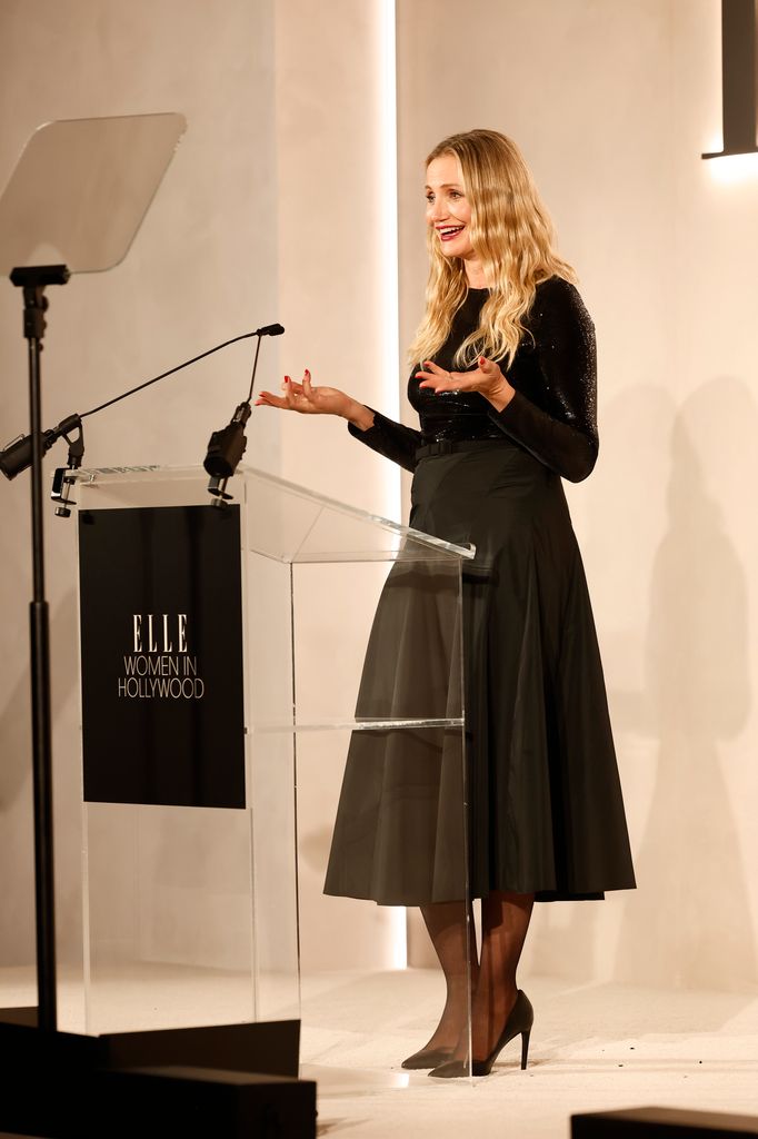 Cameron Diaz, wearing Ralph Lauren, speaks onstage during ELLE's 2024 Women in Hollywood celebration presented by Ralph Lauren, Harry Winston and TikTok at Four Seasons Hotel Los Angeles at Beverly Hills on November 19, 2024 in Los Angeles, California