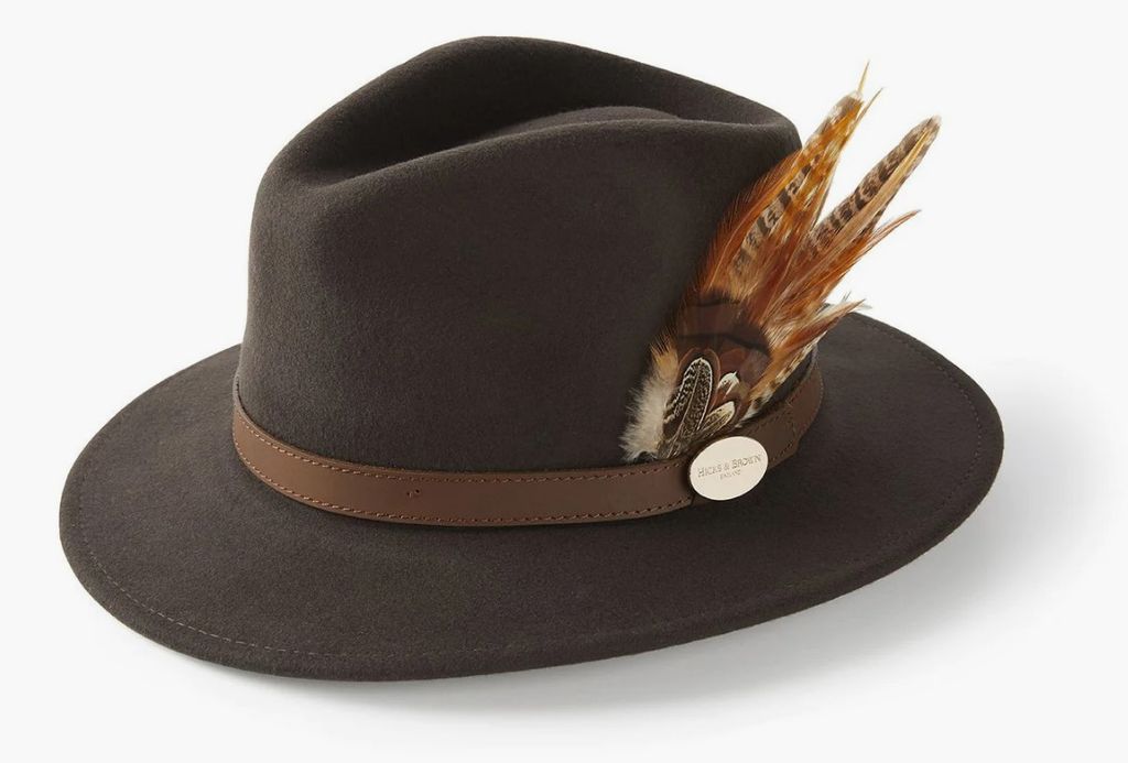 Hicks and Brown hat Suffolk Fedora with Gamebird Feather in Dark Brown