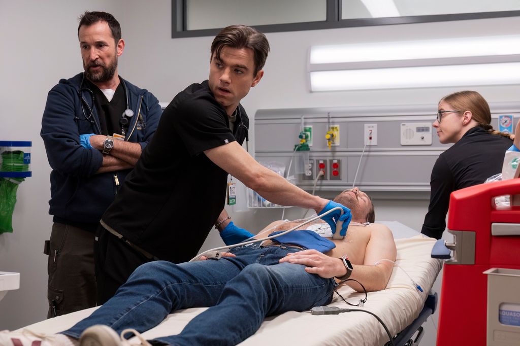 Noah Wyle as Dr Robby, Patrick Ball as Dr Langdon and Taylor Deardon as Dr King in The Pitt