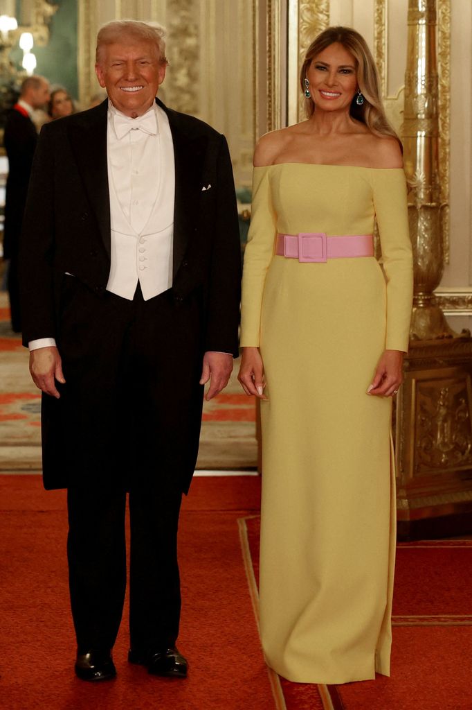 Donald Trump posing next to Melania Trump in a yellow dress