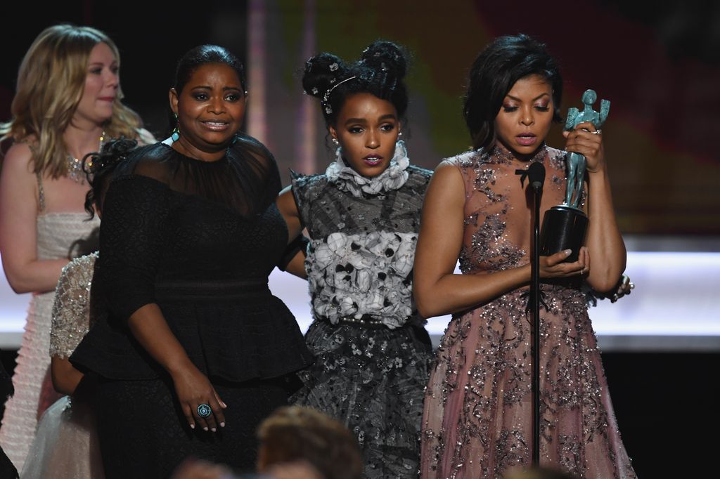 Actors Kirsten Dunst, Octavia Spencer, Janelle Monae and Taraji P. Henson accept Outstanding Performance by a Cast in a Motion Picture for 'Hidden Figures' onstage during The 23rd Annual Screen Actors Guild Awards at The Shrine Auditorium on January 29, 2017 in Los Angeles, California. 