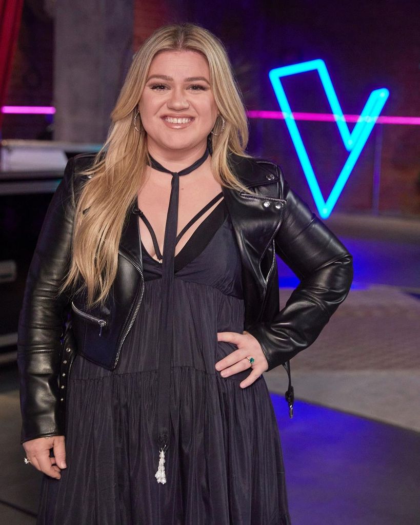 Kelly Clarkson in a black leather jacket 