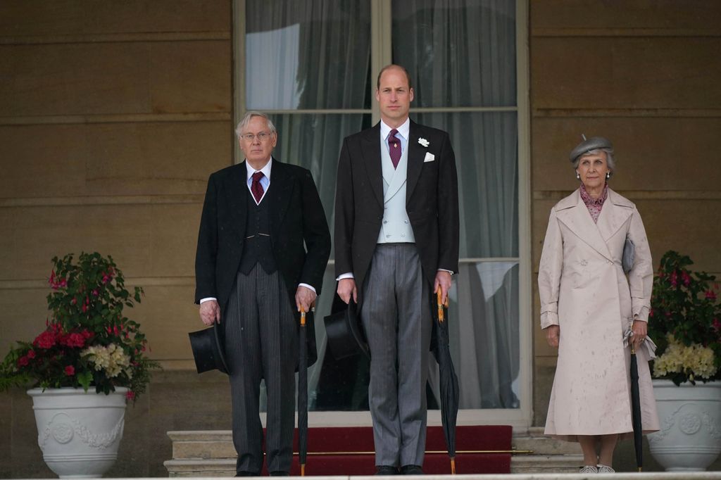 Prince William, Prince of Wales, (C) Prince Richard, Duke of Gloucester (L) and Birgitte, Duchess of Gloucester arrive at the Sovereign's Garden Party 