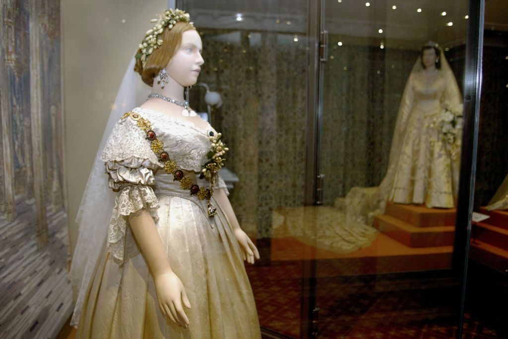 A mannequin of Queen Victoria wearing her wedding dress