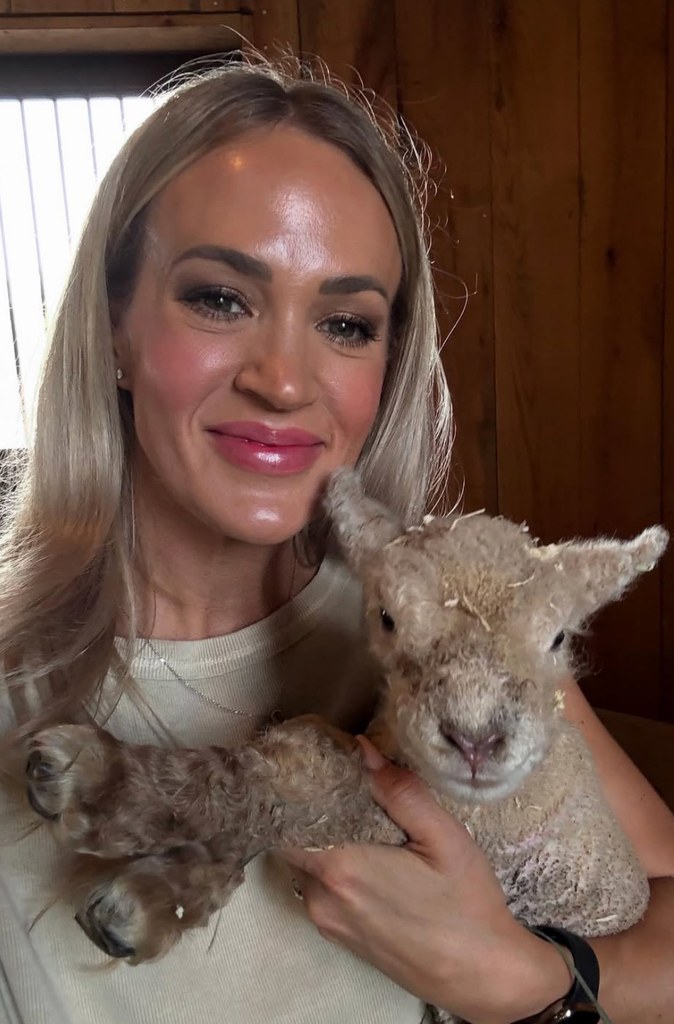 Selfie shared by Carrie Underwood with her family's new lamb, born on the day of the American Idol season 23 finale