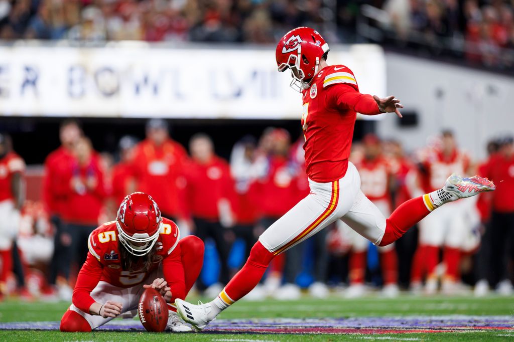 Harrison Butker #7 of the Kansas City Chiefs kicks a field goal during Super Bowl LVIII against the San Francisco 49ers at Allegiant Stadium on February 11, 2024 in Las Vegas, Nevada