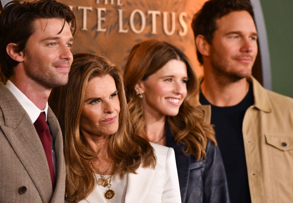 US actor Patrick Schwarzenegger with his mother Maria Shriver, sister Katherine Schwarzenegger and her husband actor Chris Pratt attend the season three premiere of HBO's "The White Lotus" at Paramount Studios in Los Angeles on February 10, 2025