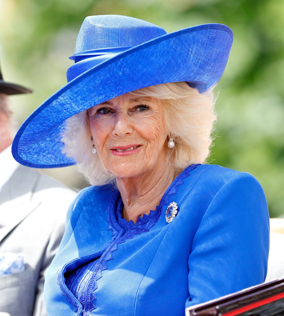 Queen Camilla in cobalt hat and dress