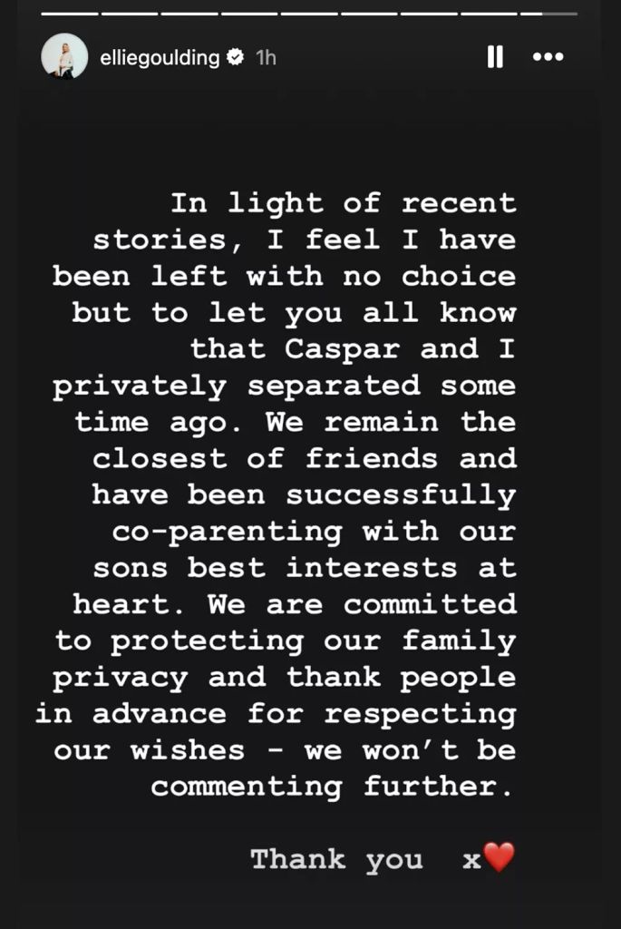 Screengrab of statement from Ellie Goulding posted to Instagram