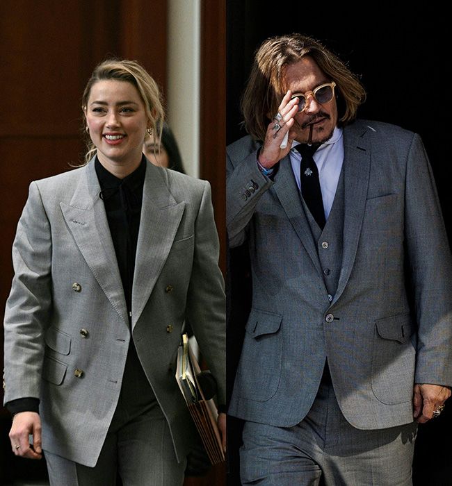 Amber Heard and Johnny Depp wearing grey suits