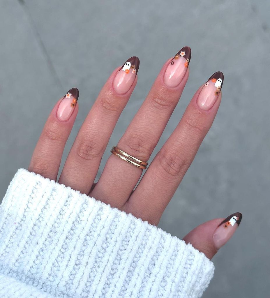 Nails with brown tips and ghost nail art 