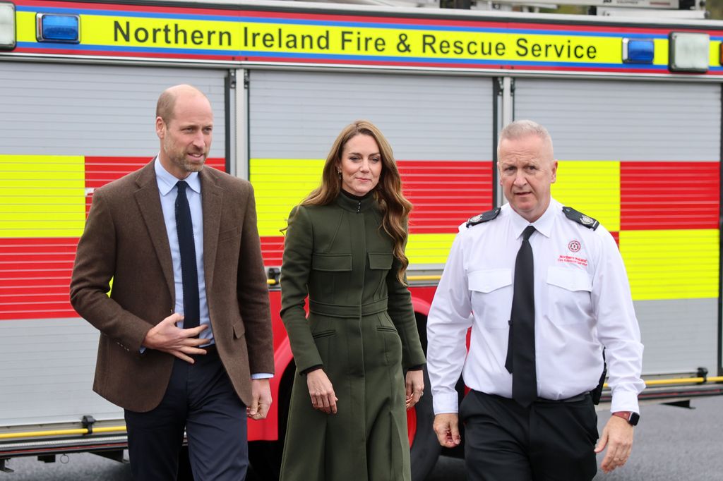 COOKSTOWN, NORTHERN IRELAND - OCTOBER 14: Prince William, Prince of Wales and Catherine, Princess of Wales visit the Northern Ireland Fire & Rescue Serviceâs (NIFRS) new Learning and Development College on October 14, 2025 in Cookstown, Northern Ireland. The college trains all NIFRS employees and offers opportunities for the young people of Northern Ireland to train and become the next generation of firefighters. The Prince and Princess of Wales are visiting organisations providing creative and entrepreneurial opportunities for young people in rural areas of Northern Ireland. (Photo by Chris Jackson/Getty Images)