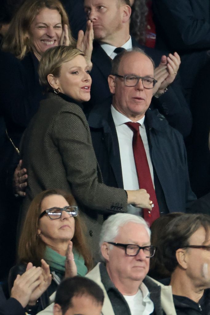 Princess Charlene of Monaco and Prince Albert II of Monaco celebrate at the Rugby World Cup France 2023 Final between New Zealand (All Blacks) and South Africa (Springboks)