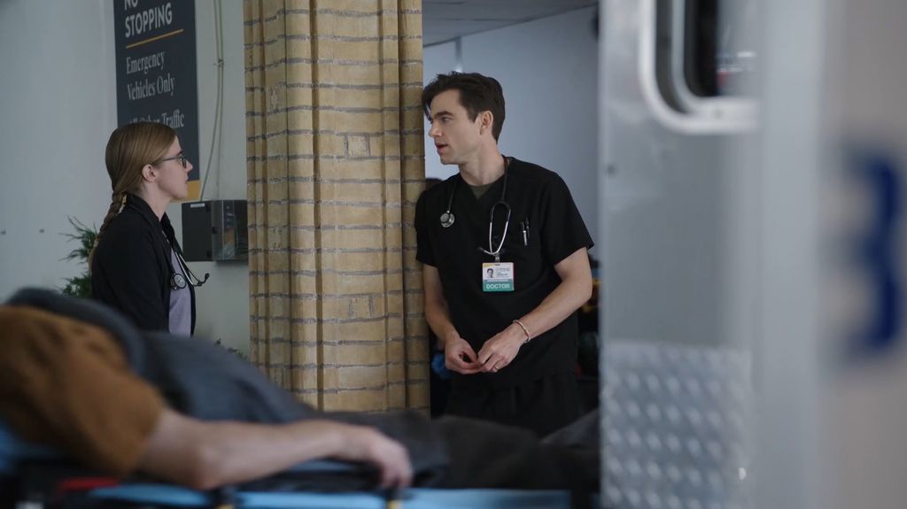 Taylor Dearden and Patrick Ball in a scene from The Pitt