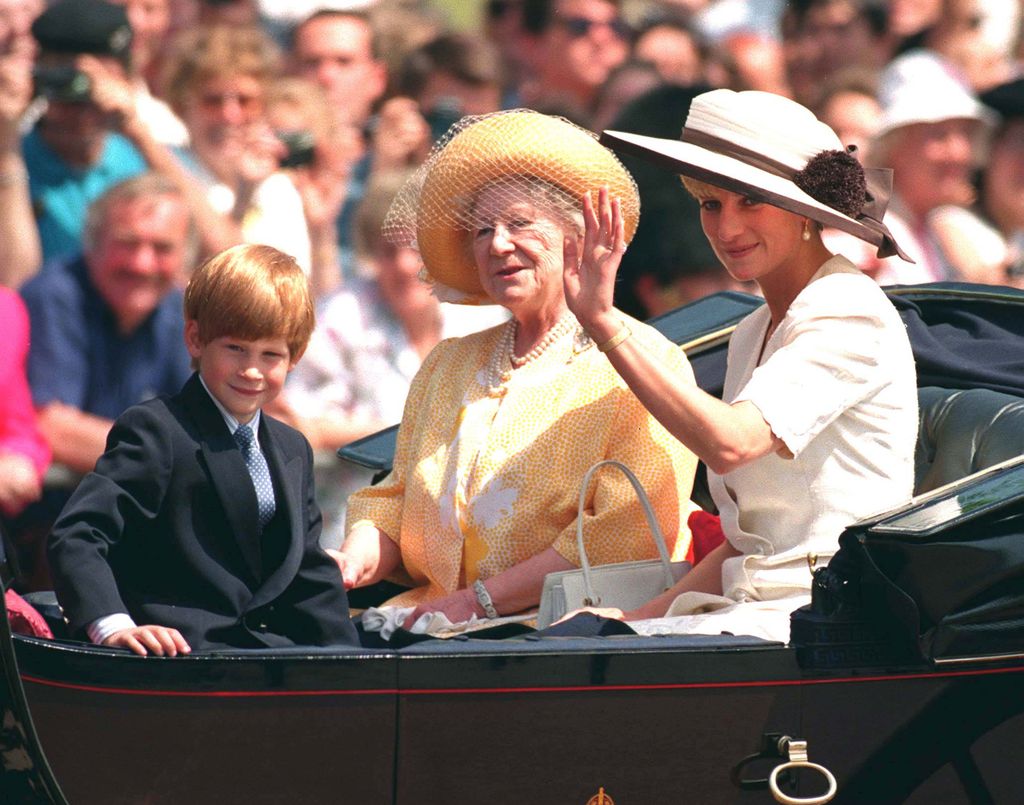 The Queen Mother, Prince Harry and his mother, Princess Diana, attend the trooping of the color ceremony June 13, 1992