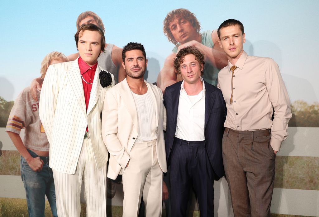 DALLAS, TEXAS - NOVEMBER 08: (L-R) Stanley Simons, Zac Efron, Jeremy Allen White and Harris Dickinson attend the premiere of A24's "The Iron Claw" at The Texas Theatre on November 08, 2023 in Dallas, Texas. (Photo by Stewart Cook/Getty Images for A24)