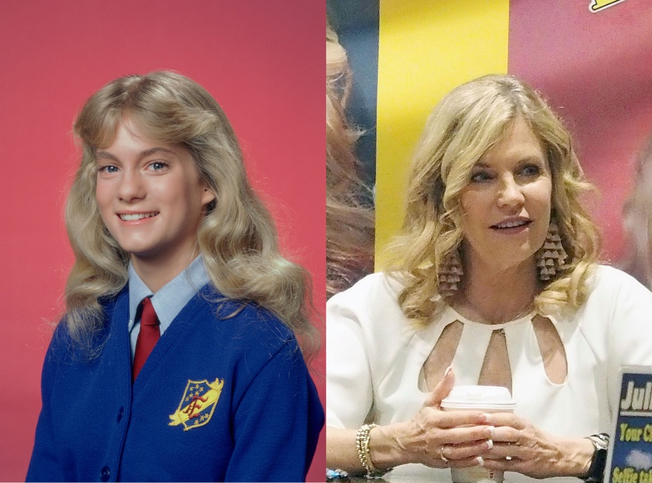 Image partagée de Julie Anne Haddock en tant que jeune fille en uniforme pour la première saison de The Facts of Life et en tant que femme adulte à la Chiller Theatre Expo Halloween 2024.