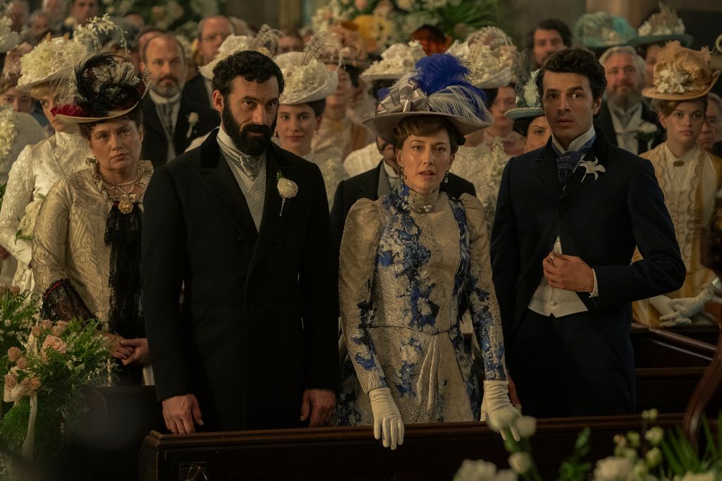 Morgan Spector as George Russell, Carrie Coon as Bertha Russell and Harry Richardson as Larry Russell in The Gilded Age