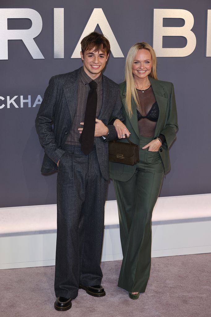 Beau Lee Jones and Emma Bunton attend the "Victoria Beckham" World Premiere at the Curzon Mayfair on October 08, 2025 in London, England