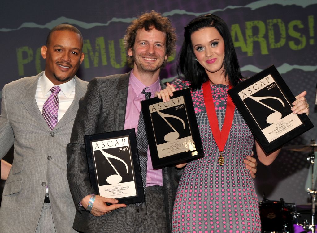ASCAP Senior Director of Creative Affairs and Membership of Rhythm and Soul, Jay Sloan, songwriter Lukasz "Dr. Luke" Gottwald and musician Katy Perry onstage at the 27th Annual ASCAP Pop Music Awards held at the Renaissance Hollywood Hotel on April 21, 2010 in Hollywood, California