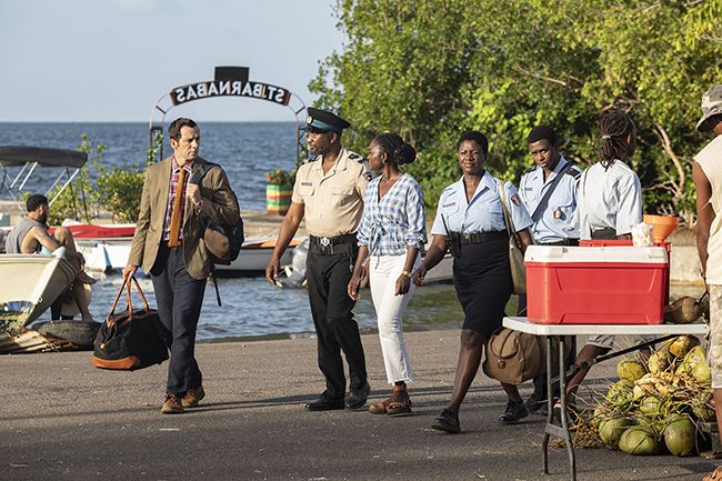Death in Paradise cast on set of St Barnabas in episode four