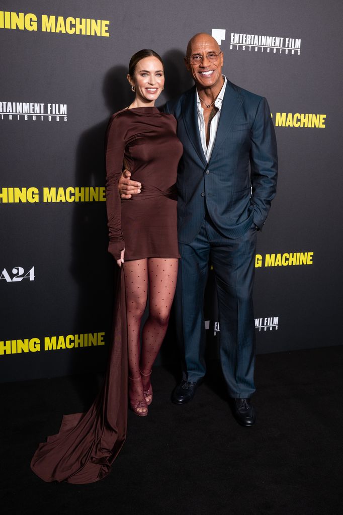 Emily Blunt in brown dress and Dwayne Johnson in navy suit star during "The Smashing Machine" UK special screening at BAFTA