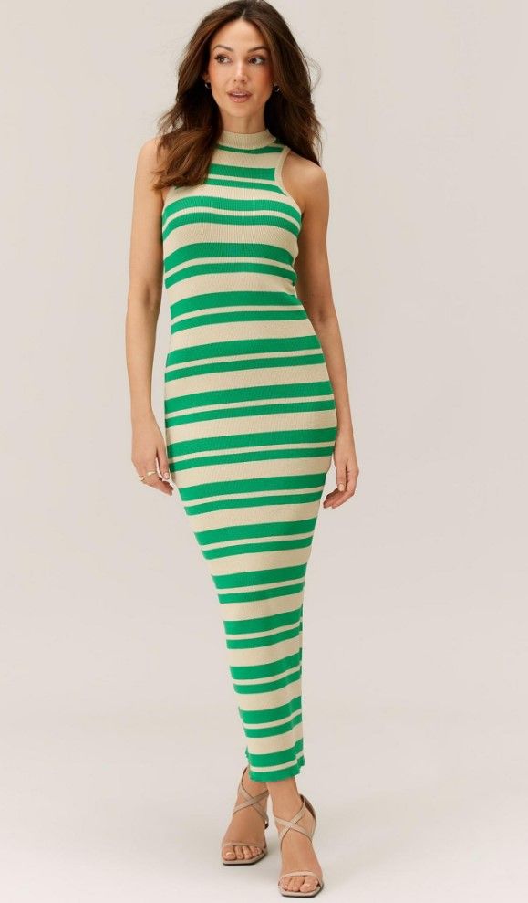Michelle Keegan in Very green and white striped bodycon dress