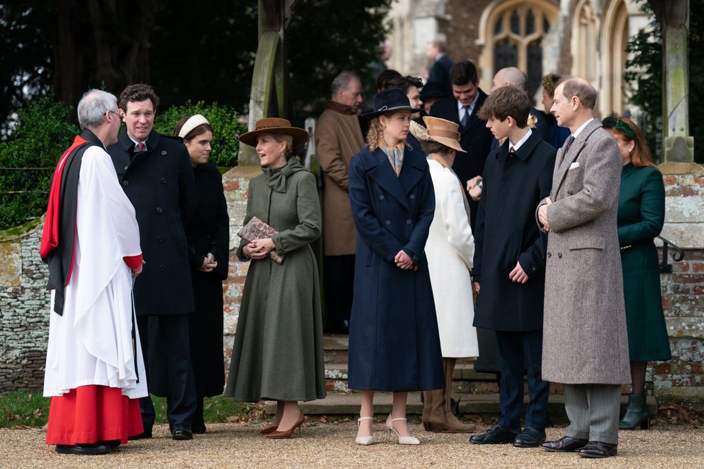 Jack Brooksbank, Princess Eugenie, the Duchess of Edinburgh, Lady Louise Windsor, James, Earl of Wessex and the Duke of Edinburgh attending the Christmas Day morning church service at St Mary Magdalene Church in Sandringham, 