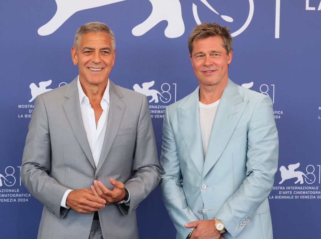 Brad Pitt and George Clooney attend the "Wolfs" photocall during the 81st Venice International Film Festival at Palazzo del Casino on August 1, 2024 in Venice, Italy