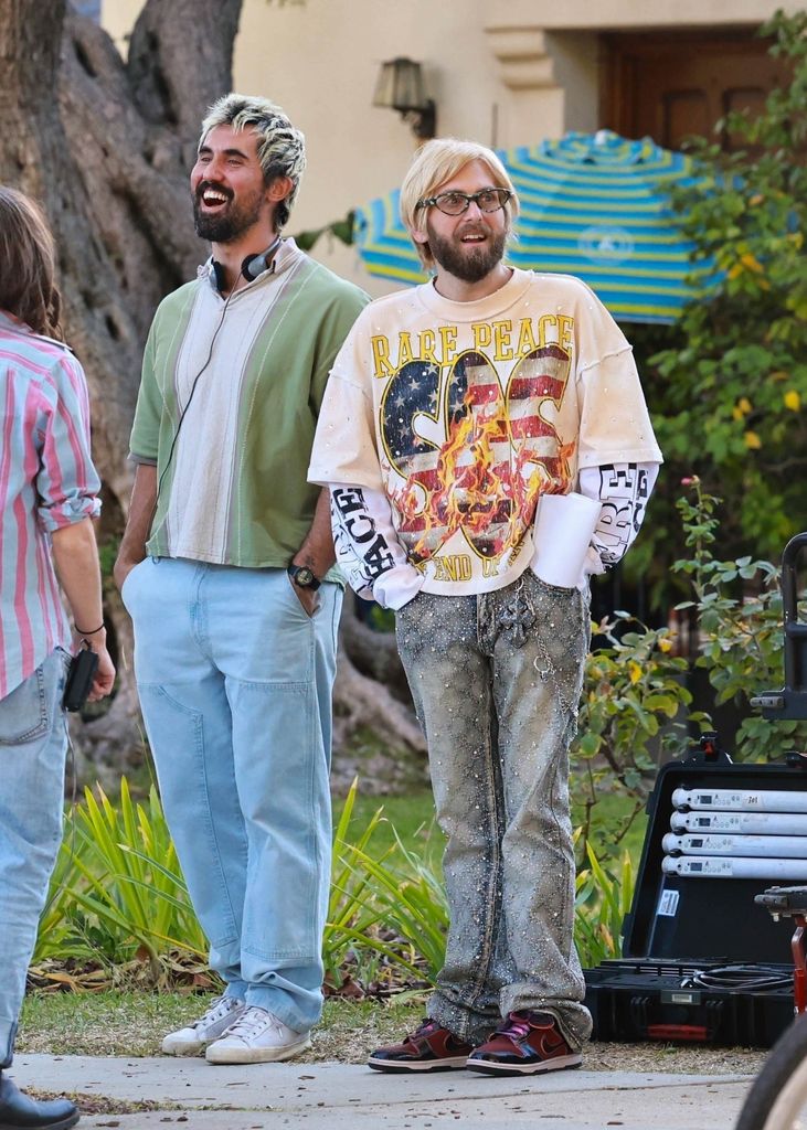 Jonah Hill filming in LA wearing a wig and garish outfit