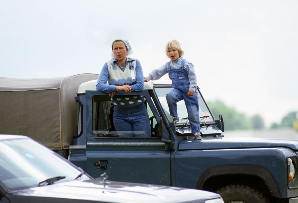 Zara Phillips with her mother, Princess Anne, at the Windsor Horse Show with their Land Rover 4-wheel drive vehicle in 1985