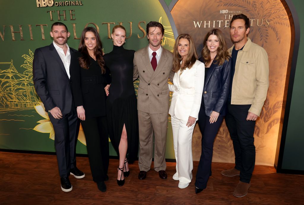 Christopher Schwarzenegger, Christina Schwarzenegger, Abby Champion, Patrick Schwarzenegger, Maria Shriver, Katherine Schwarzenegger and Chris Pratt attend the Los Angeles Premiere of HBO Original Series "The White Lotus" Season 3 at Paramount Theatre on February 10, 2025 in Los Angeles, California