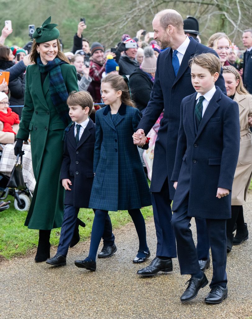 Catherine, Princess of Walesm Prince Louis of Wales, Princess Charlotte of Wales, Prince William, Prince of Wales and Prince George of Wales attend the Christmas Morning Service at Sandringham Church on December 25, 2024 in Sandringham, Norfolk