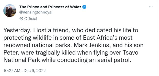 Prince William tweets to send condolences to family of Mark Jeknins