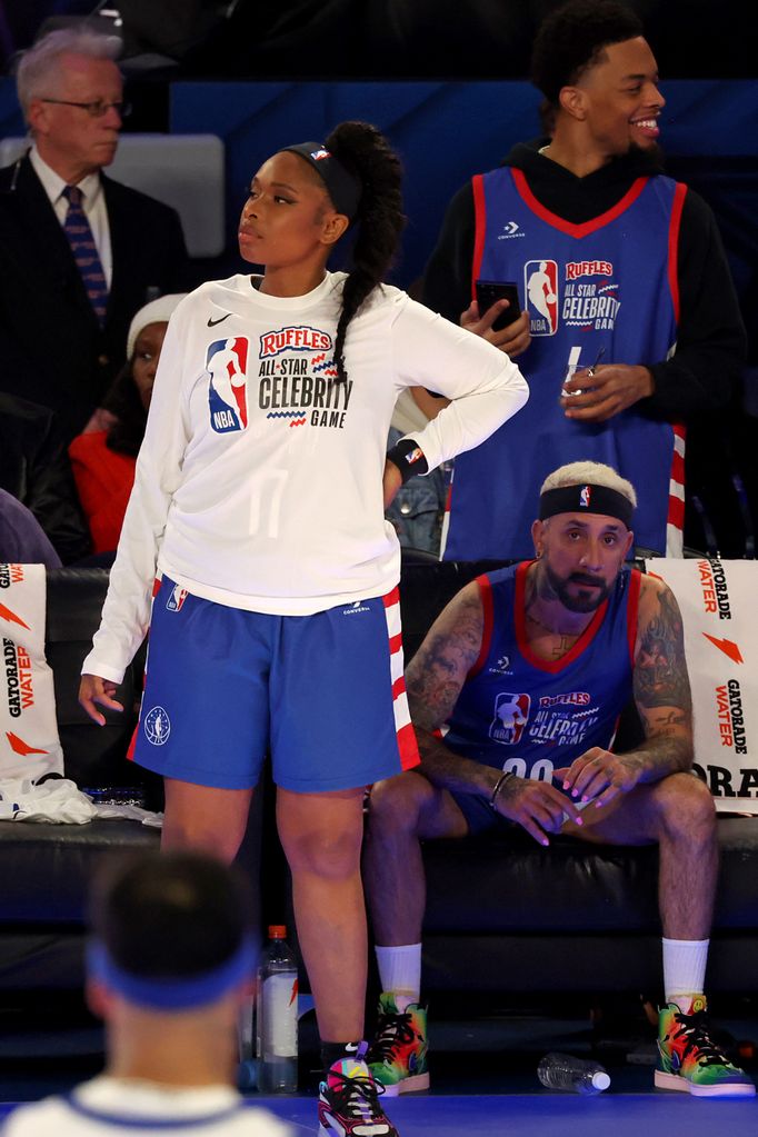 Jennifer Hudson and AJ McLean participate in the the 2024 Ruffles NBA All-Star Celebrity Game