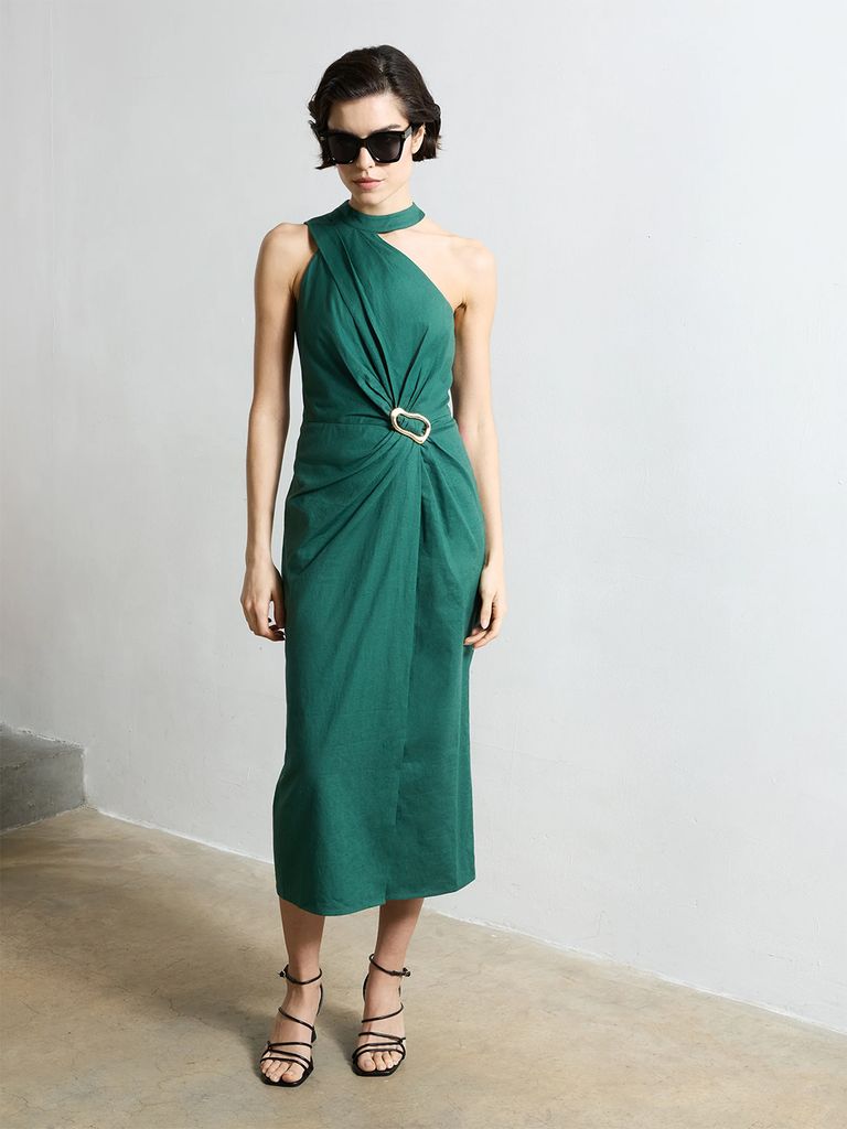 French Connection Aspen Linen Blend Halterneck Midi Dress