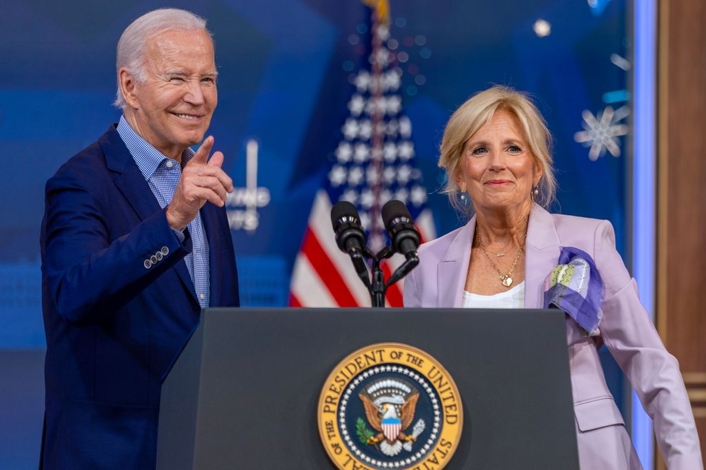 President Joe Biden and first lady Jill Biden speak at the The National Education Association Event at the White House on July 04, 2023 in Washington, DC.