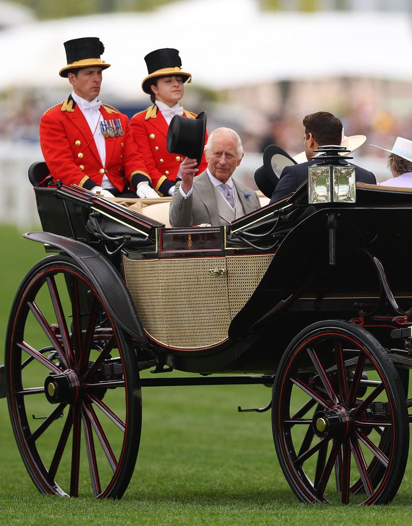 King Charles III arrives on Day Five of Royal Ascot 2024 at Ascot Racecourse on June 22, 2024 in Ascot, England
