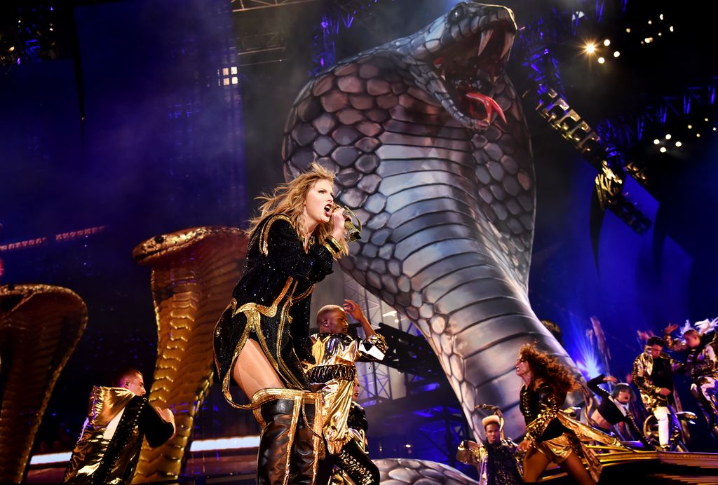 taylor Swift performs onstage with snake backdrop