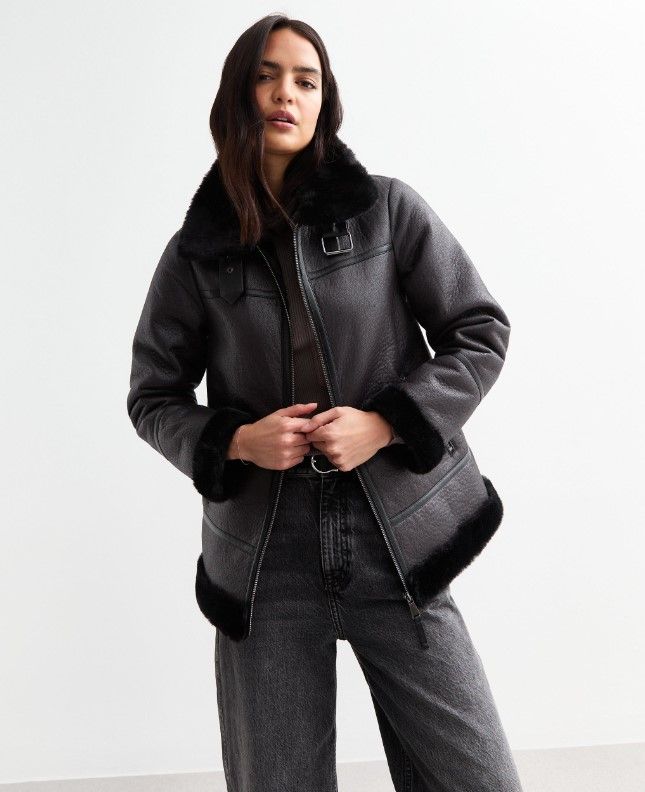 New Look Black Faux Shearling Aviator Jacket