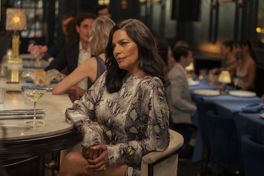 Seema's snakeskin dress at the bar on And Just Like That