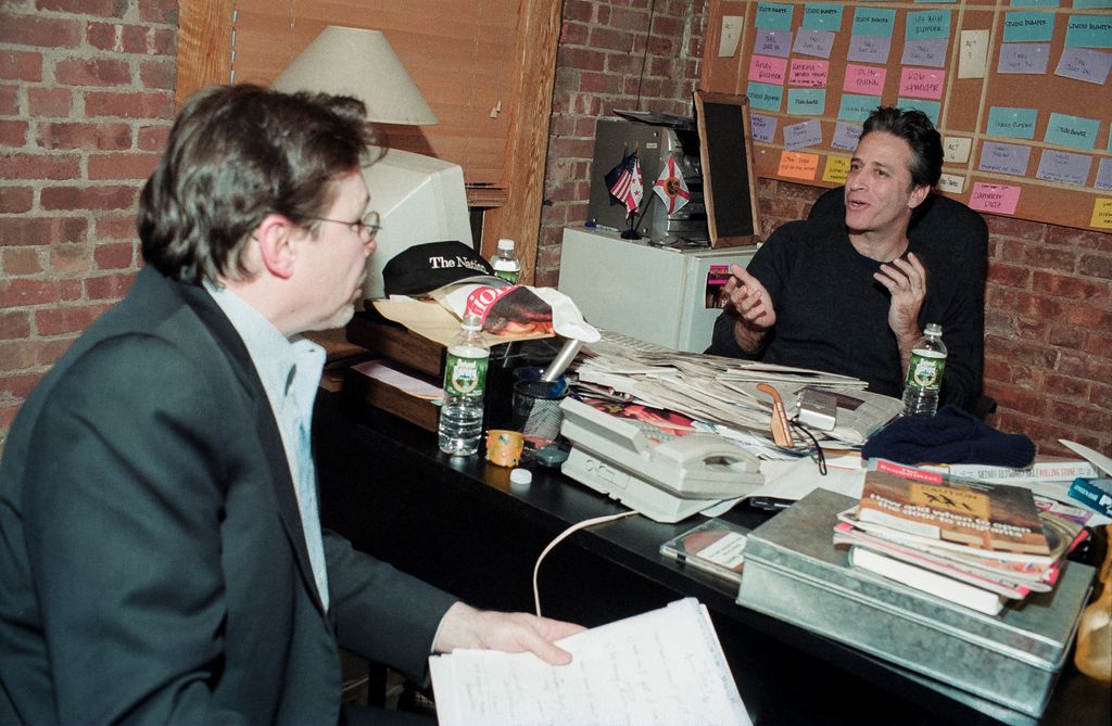 Bob Love is interviewing Jon Stewart, host of the TV talk show The Daily Show, in his studio office for the Columbia Journalism Review, December 5, 2002