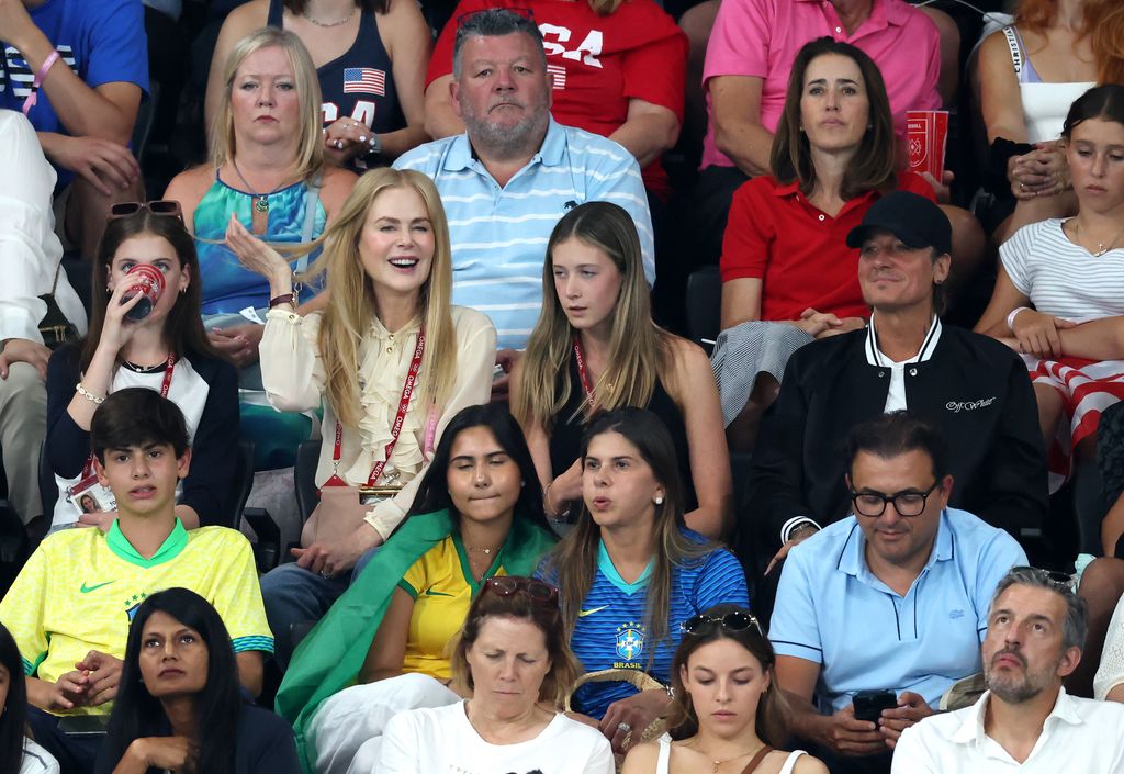 Nicole Kidman, Keith Urban and their daughters Faith and Sunday Rose are seen during the Artistic Gymnastics Women's Team Final on day four of the Olympic Games Paris 2024 at Bercy Arena on July 30, 2024 in Paris, France