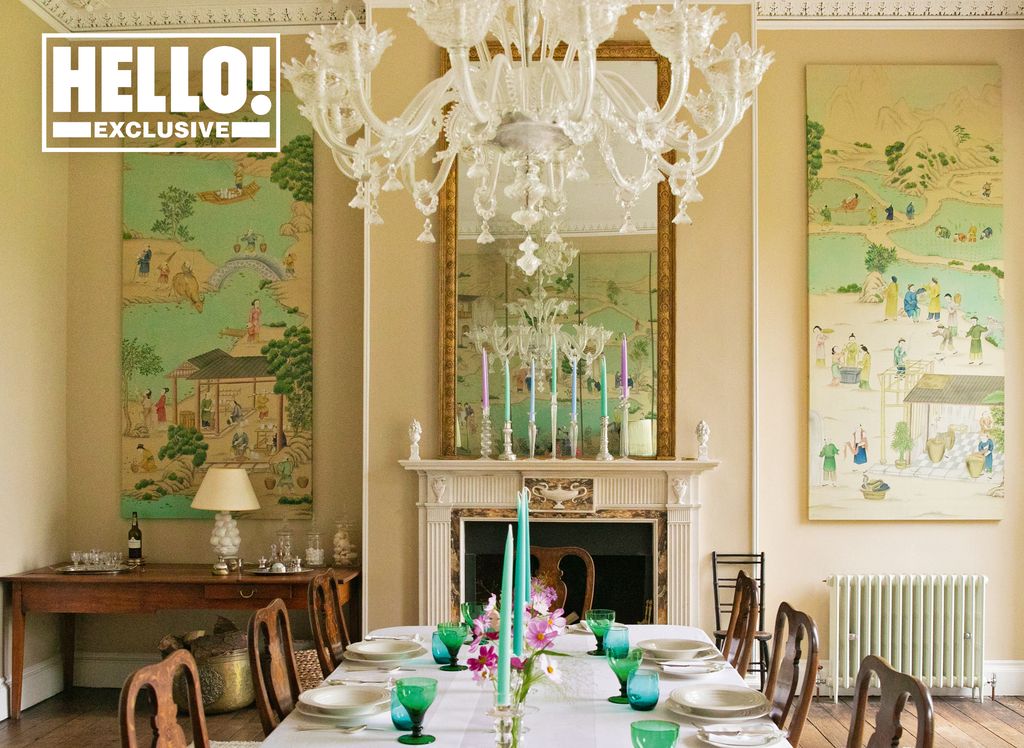 Conran family dining room with view of glass chandelier 