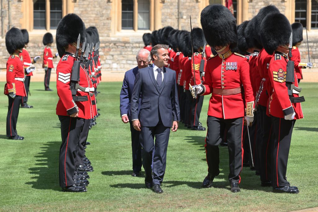 ing Charles III and President of France, Emmanuel Macron at Windsor Castle during a Ceremonial Welcome for the state visit to the UK of the President of France Emmanuel Macron 