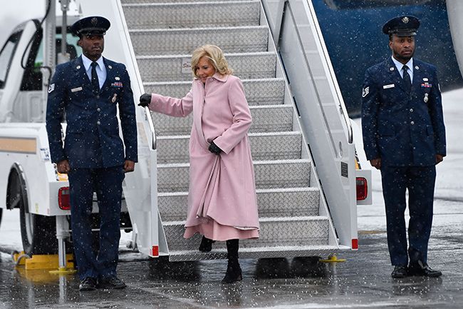 jill biden leaving plane in all pink outfit