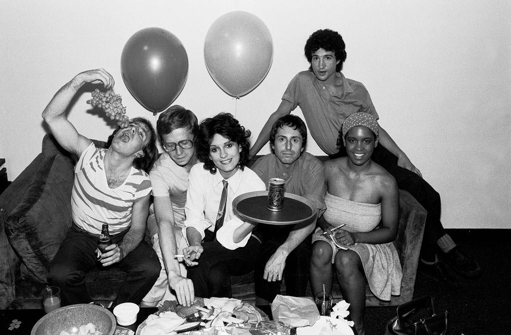 Portrait of the members of American New Wave group Waitresses as they poses backstage at the Park West, Chicago, Illinois, July 24, 1981. Pictured are, from left, Chris Butler, Dan Klayman, Patty Donahue (1956 - 1996), Mars Williams, Billy Ficca (rear), and Tracy Wormworth. (Photo by Paul Natkin/Getty Images)