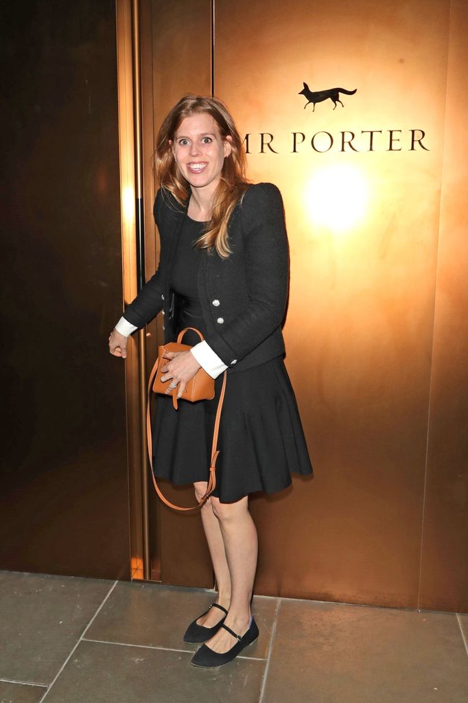 Princess Beatrice of York wearing black dress and ballet pumps at Mr Porter Launch in London 